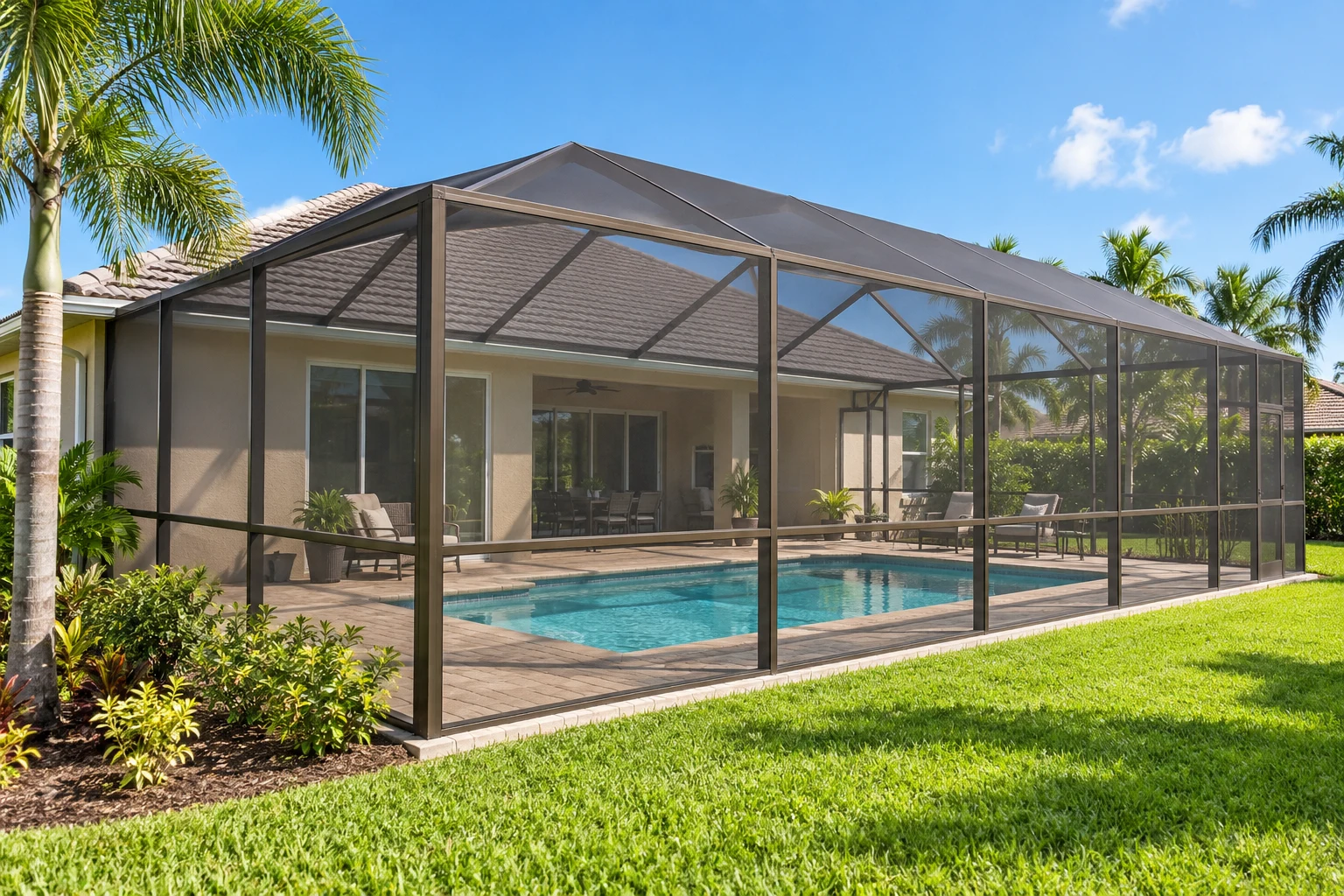 Illustration of a bronze hip-roof screen enclosure around a Florida backyard pool